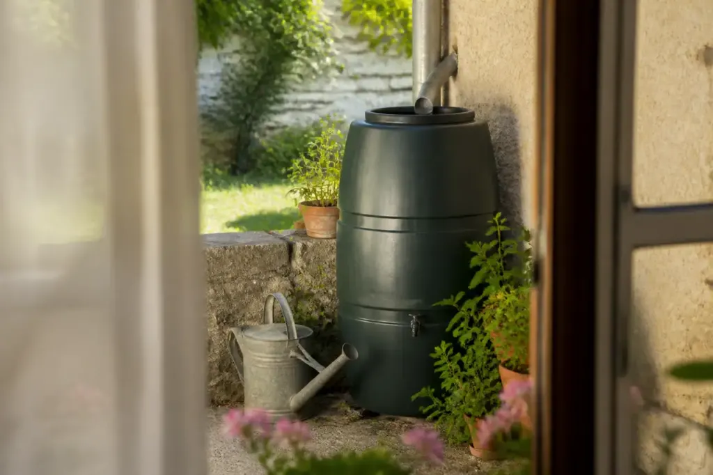 Cuve d'eau de pluie avec arrosoir au jardin