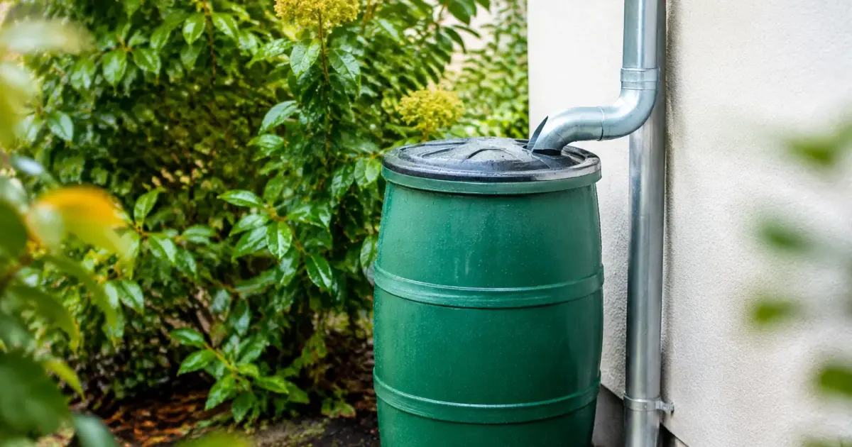 Cuve verte en plastique posee sous une gouttiere