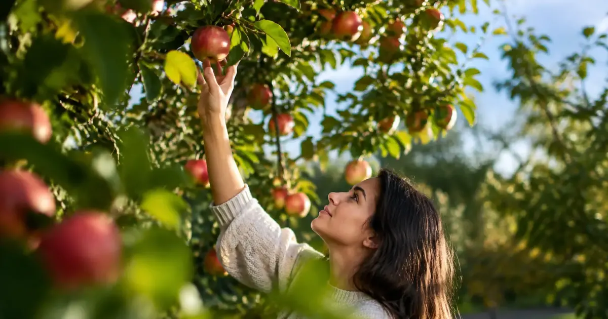 Une femme cueille une pomme debout sous un pommier
