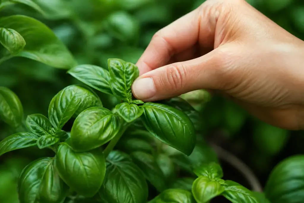 Feuilles de basilic cueillies entre deux doigts