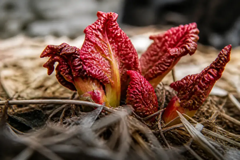 Feuilles plissees rouge vif sortant des bourgeons de rhubarbe
