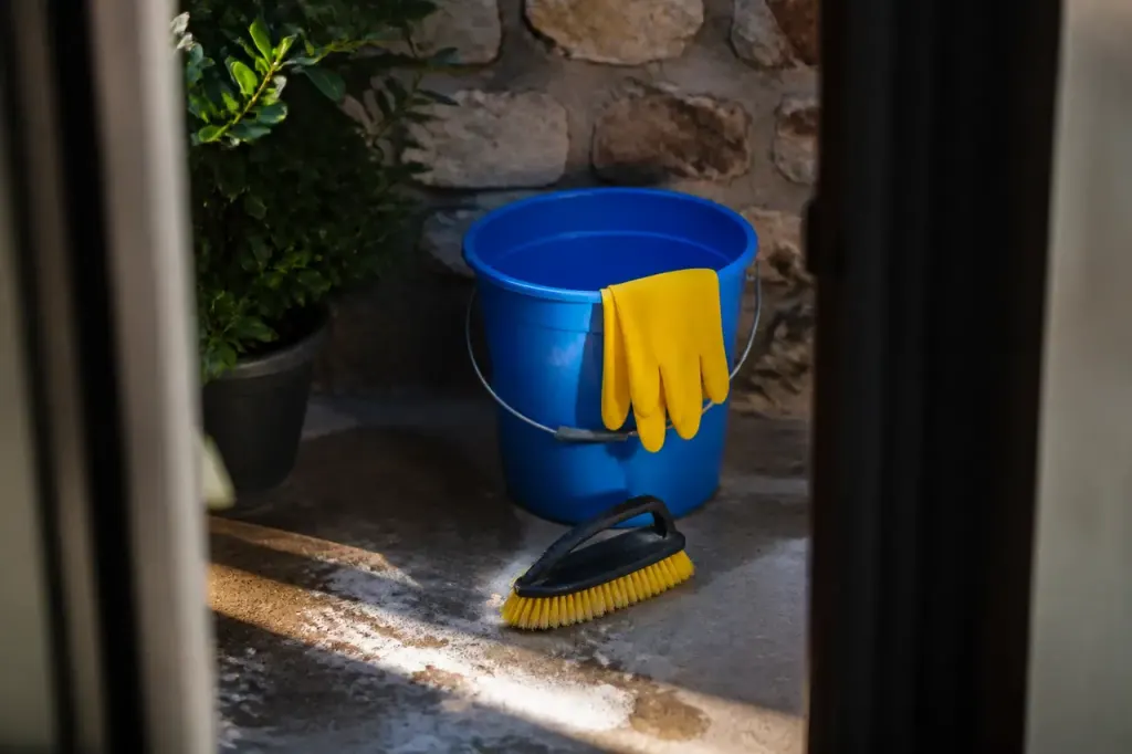 Gants jaunes grattoir brosse dure et seau bleu