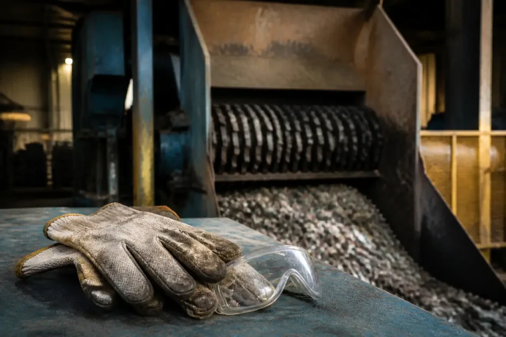 Gants et lunettes de protection devant un broyeur