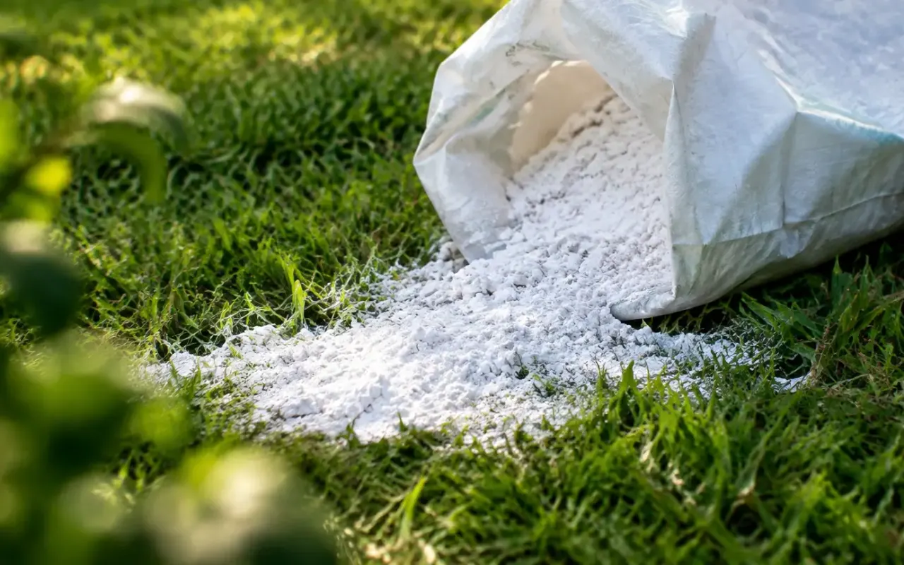 Gazon saupoudre de poudre blanche, sac ouvert au sol