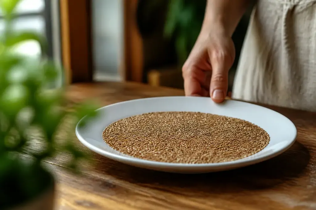 Graines etalees en couche fine sur assiette blanche