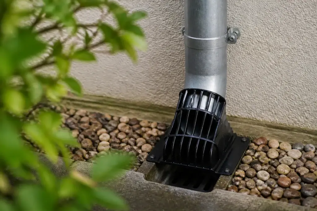 Grille noire sur tuyau de descente vers cuve
