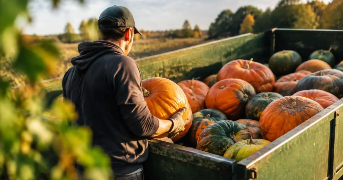 Habitants chargeant des courges dans une remorque agricole
