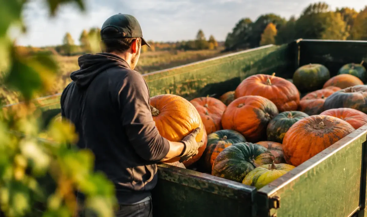 Habitants chargeant des courges dans une remorque agricole
