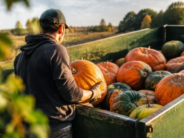 Habitants chargeant des courges dans une remorque agricole