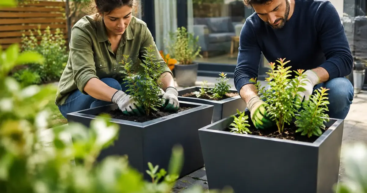 Deux habitants plantent de jeunes arbustes dans des bacs