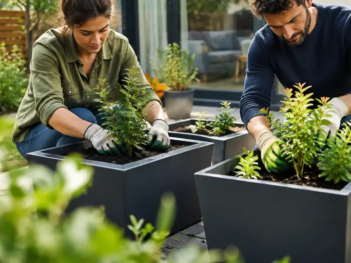 Deux habitants plantent de jeunes arbustes dans des bacs