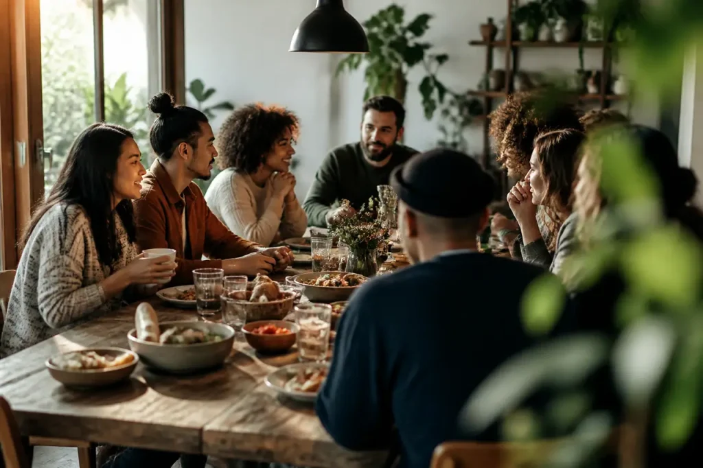 Habitants reunis autour d'une grande table en bois