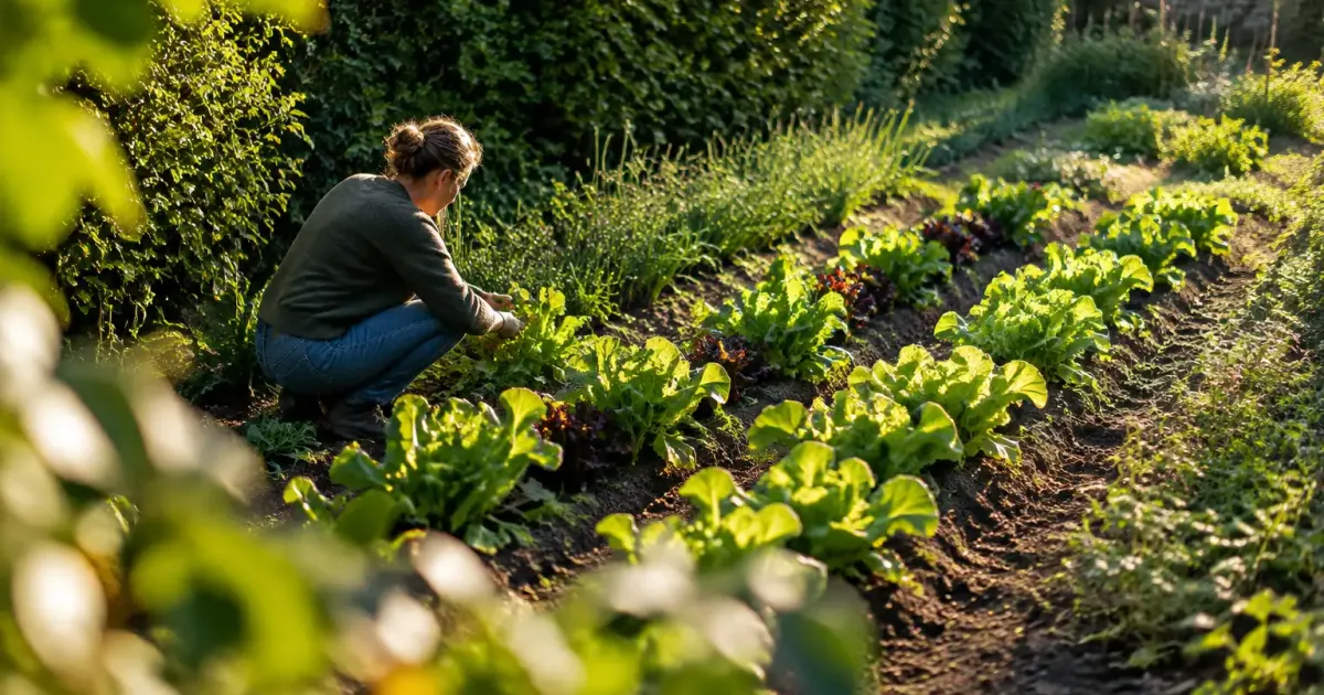 Haie dense bordant un potager, rangs de laitues