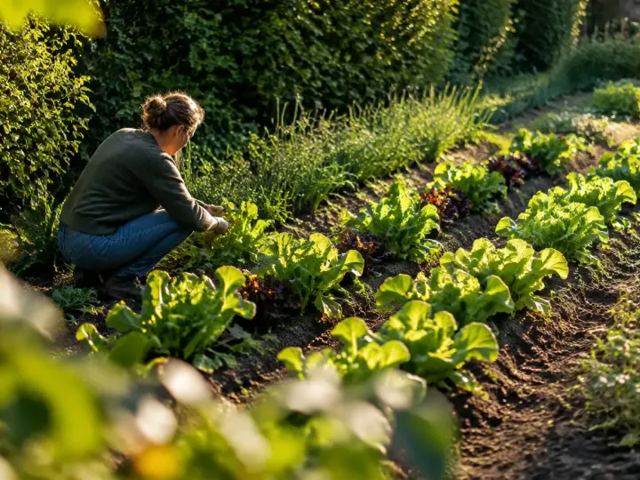 Haie dense bordant un potager, rangs de laitues