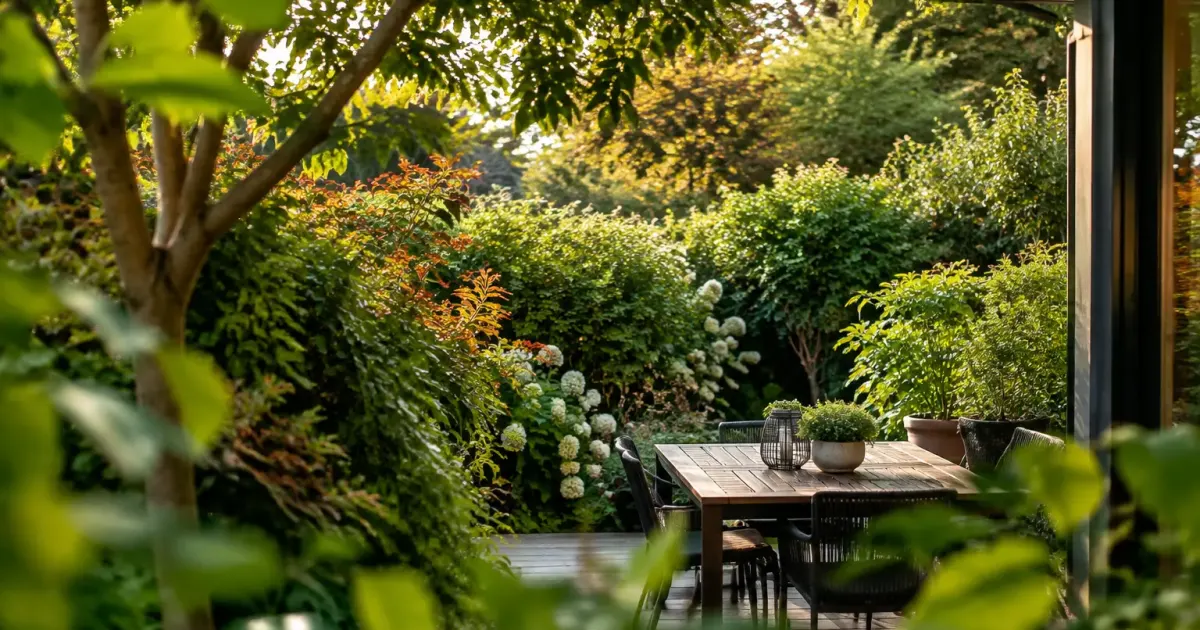 Haie mixte dense de feuillus autour d'une terrasse