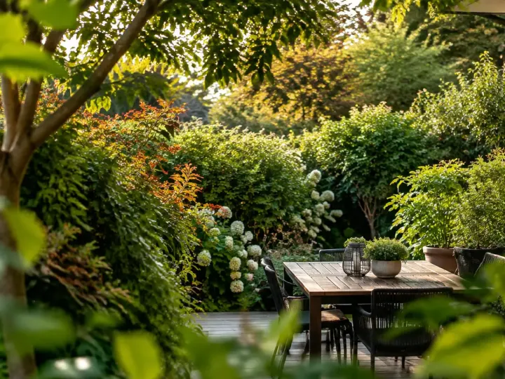 Haie mixte dense de feuillus autour d'une terrasse