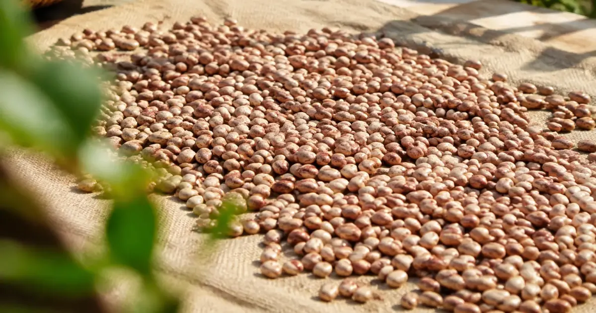 Haricots secs etales sur une toile au soleil
