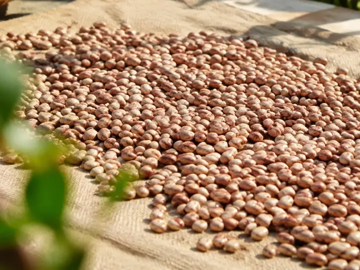 Haricots secs etales sur une toile au soleil