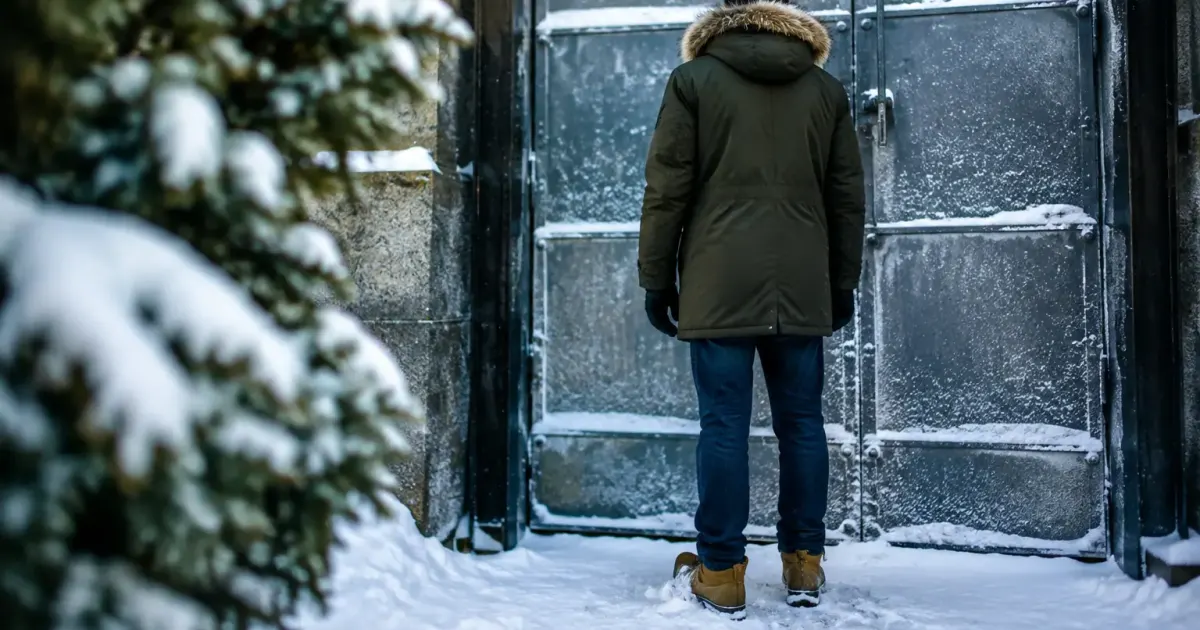 Homme en parka debout devant une porte metallique enneigee