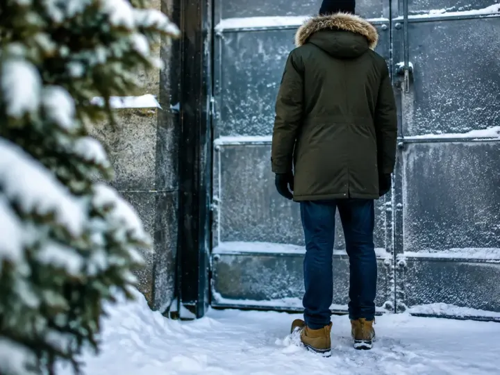 Homme en parka debout devant une porte metallique enneigee