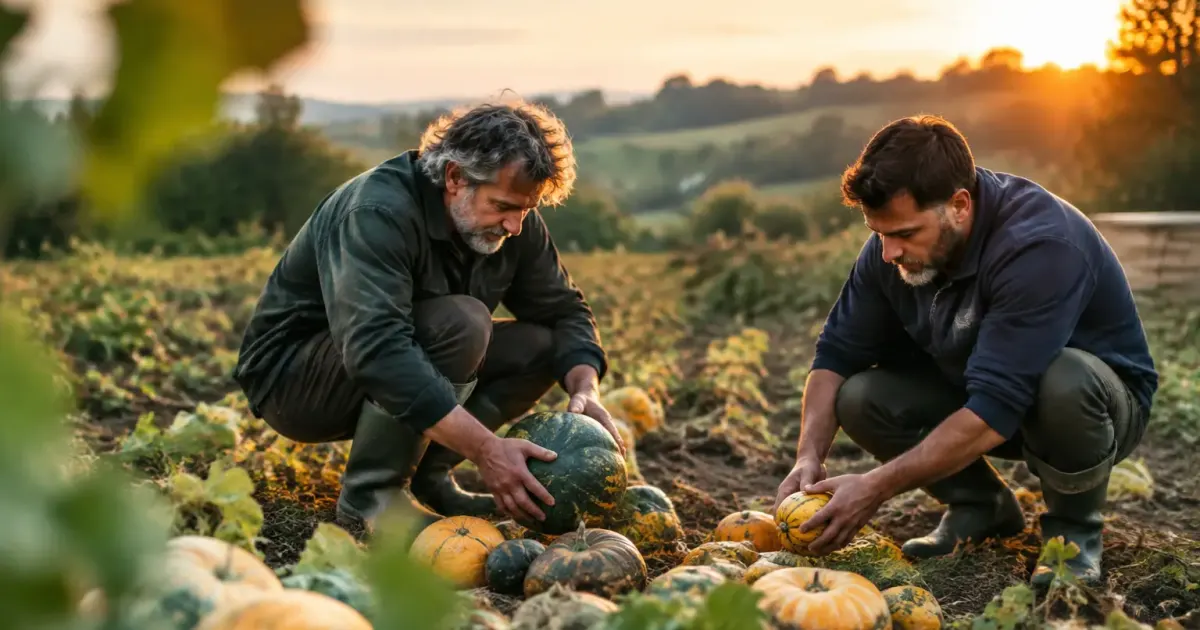 Deux hommes accroupis trient des courges dans un champ