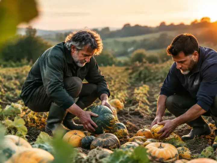 Deux hommes accroupis trient des courges dans un champ
