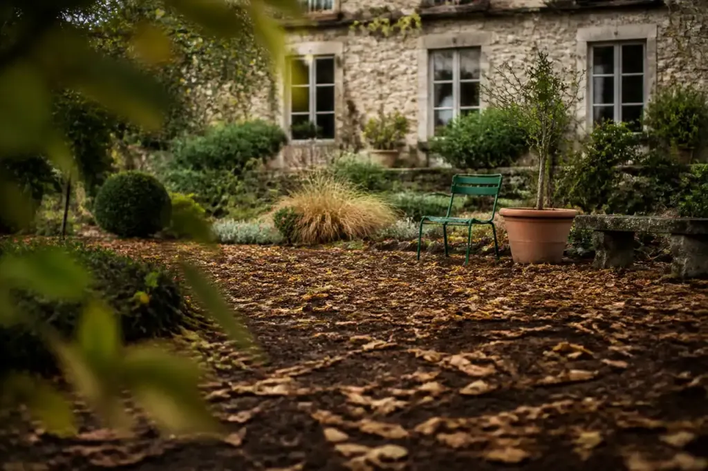 Jardin avec feuilles mortes etalees sur terre brune