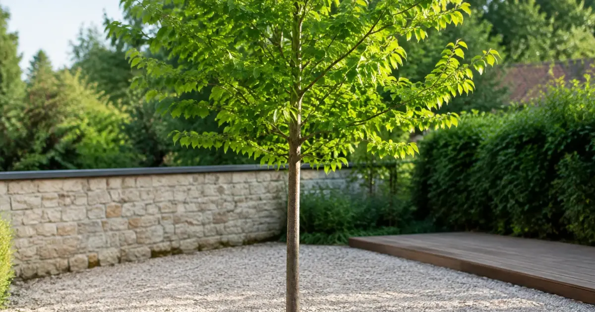 Jardin en gravier avec jeune arbre droit au milieu