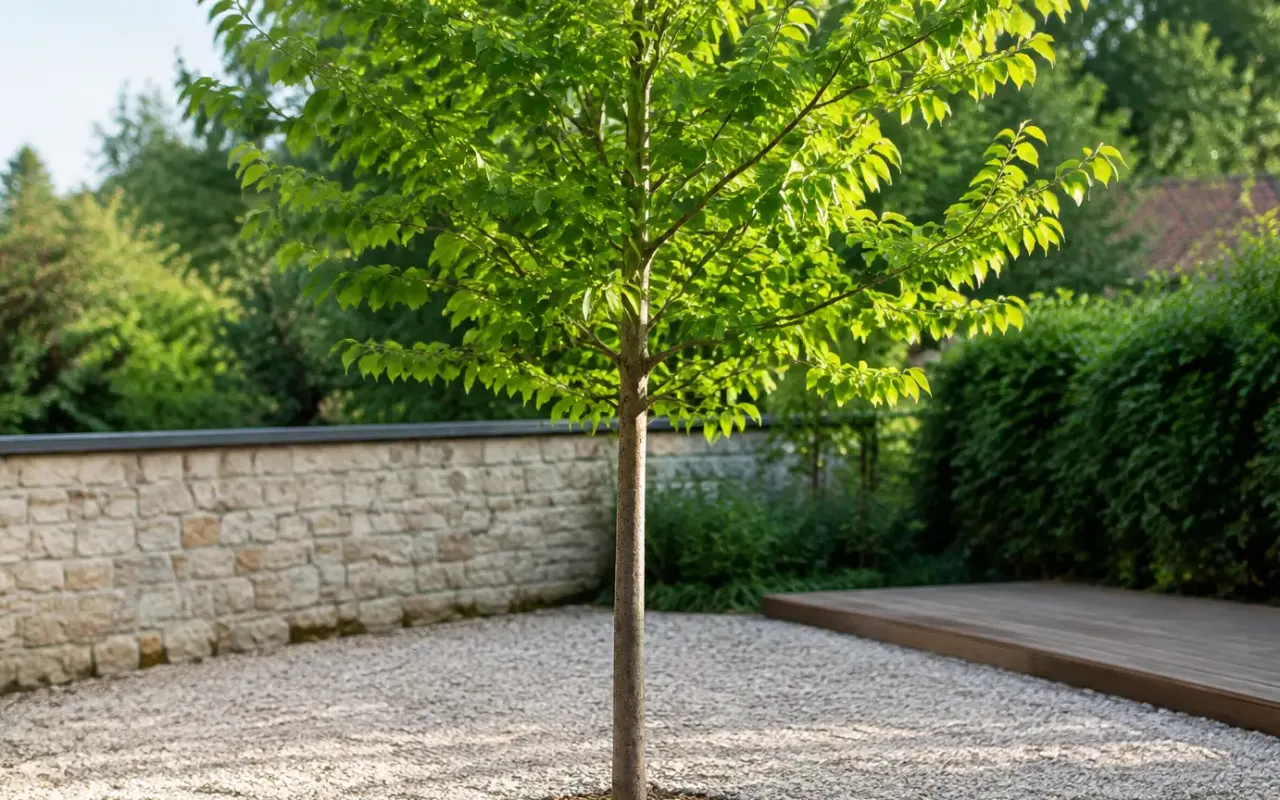 Jardin en gravier avec jeune arbre droit au milieu