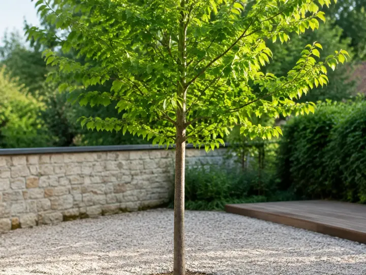 Jardin en gravier avec jeune arbre droit au milieu