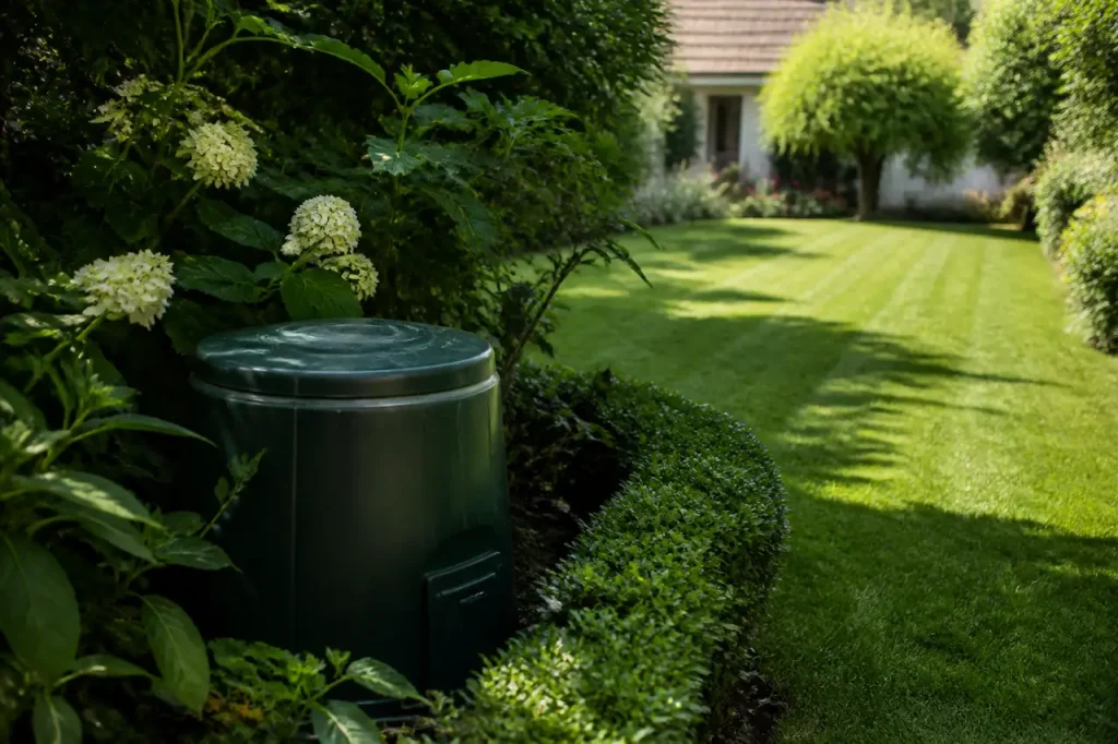 Jardin propre avec pelouse tondue et compost couvert