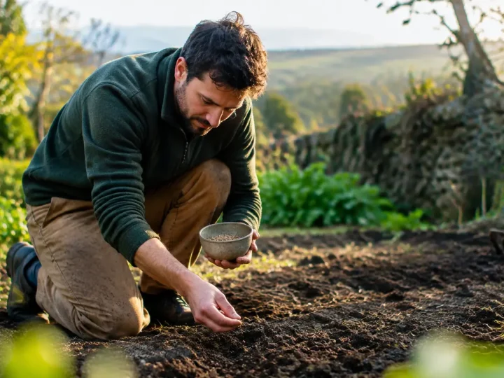 Jardinier agenouille seme des engrais verts sur sol nu