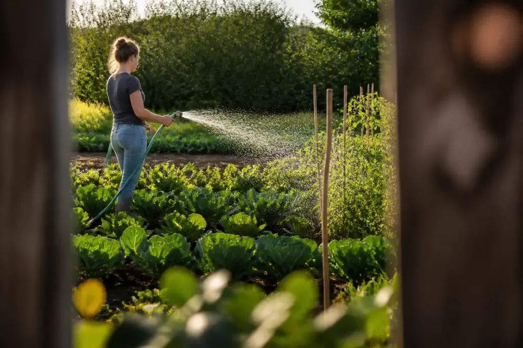 Jardinier arrosant un potager au tuyau vert