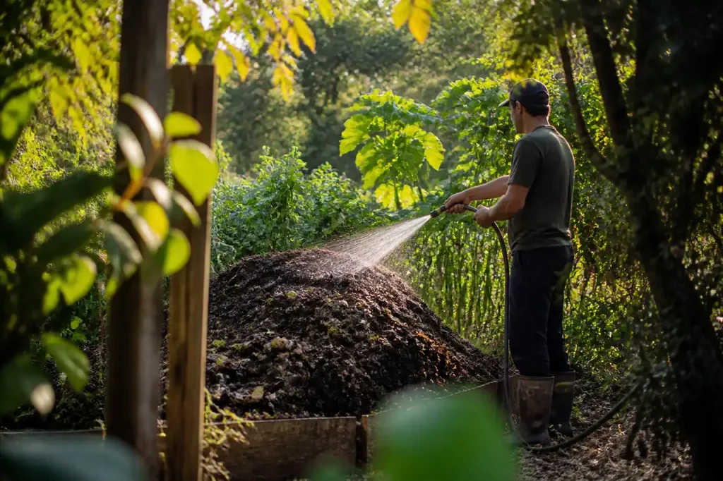 Jardinier arrose une butte de compost avec tuyau