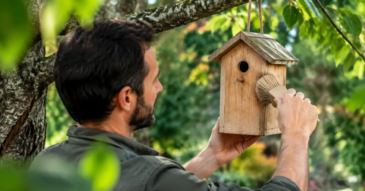 Un jardinier brosse un nichoir en bois suspendu