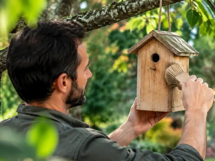 Un jardinier brosse un nichoir en bois suspendu