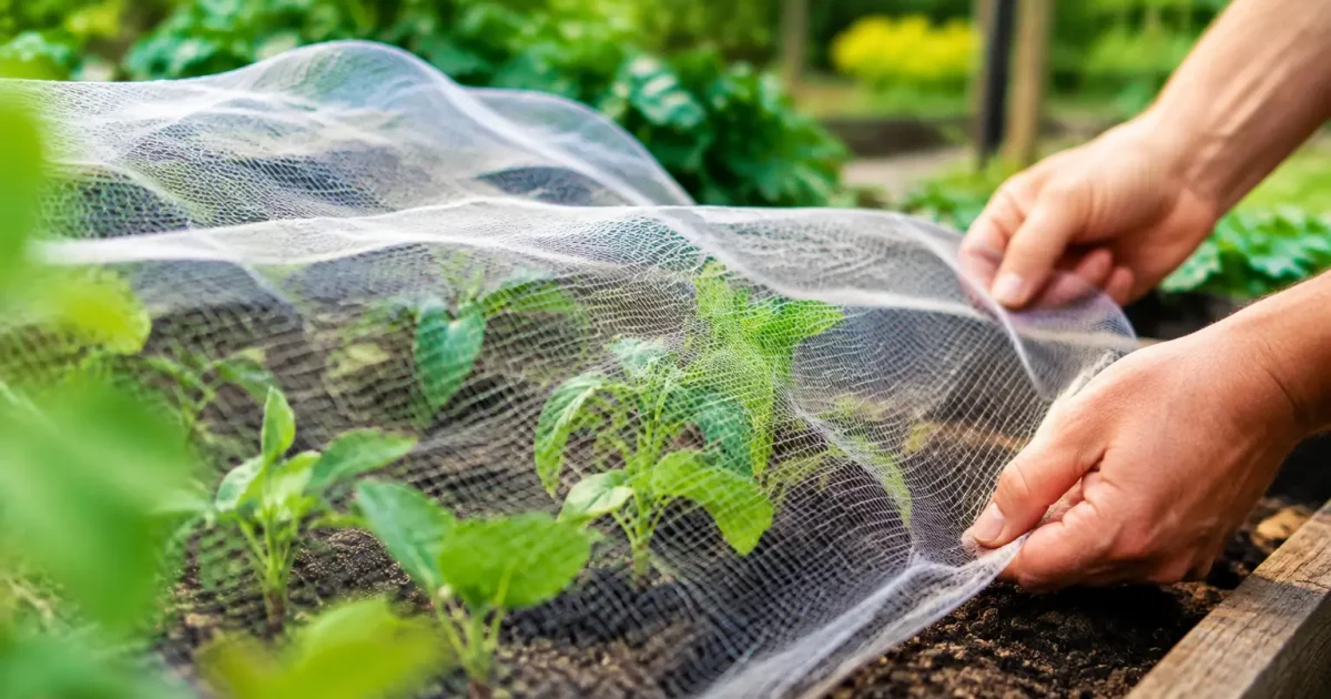 Jardinier installe un filet leger sur des semis