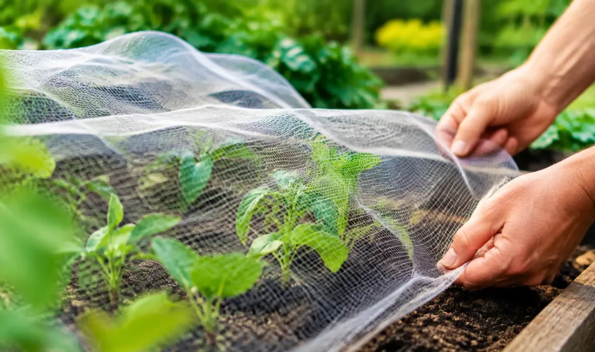 Jardinier installe un filet leger sur des semis