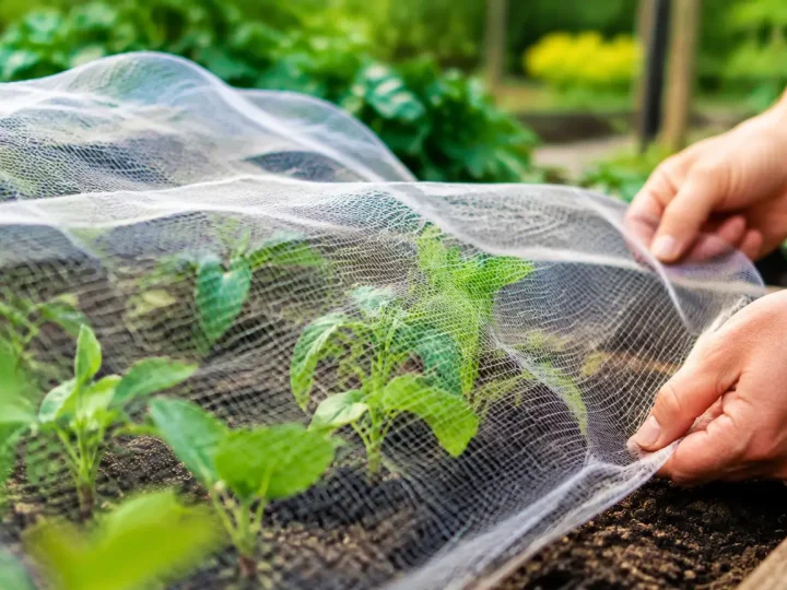 Jardinier installe un filet leger sur des semis