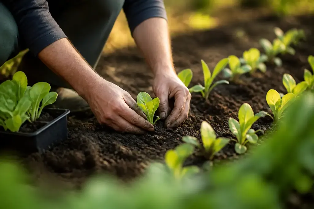 Jardinier pose de jeunes plants dans une terre fraiche
