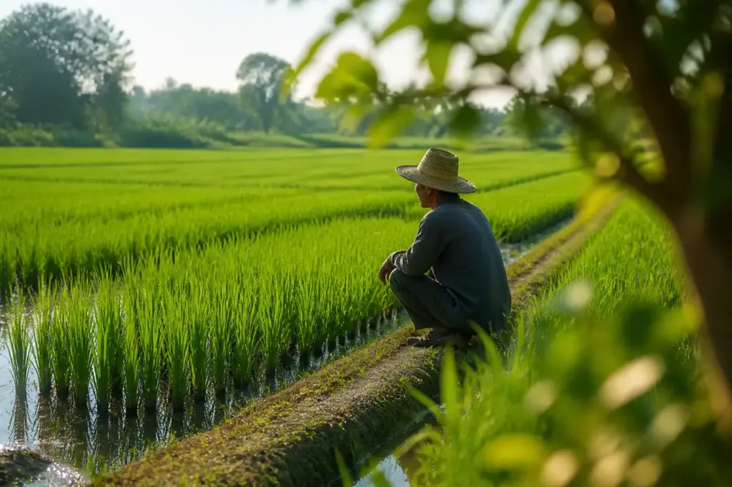 Jardinier observe des plants de riz verts au soleil