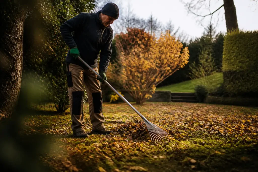 Jardinier ramasse feuilles mortes avec un rateau