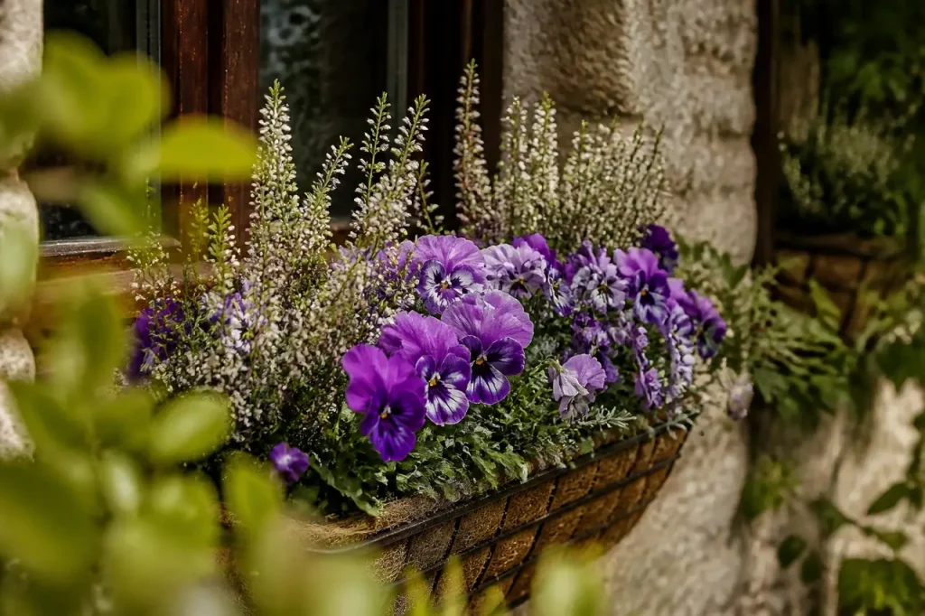 Jardiniere fleurie avec pensees violettes et bruyere blanche