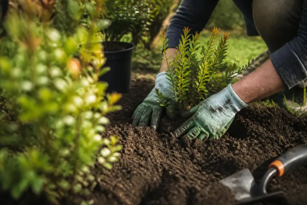 Jardiniers plantant des arbustes dans la terre brune humide