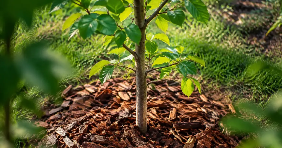 Jeune arbre couvert de paillis au pied du tronc