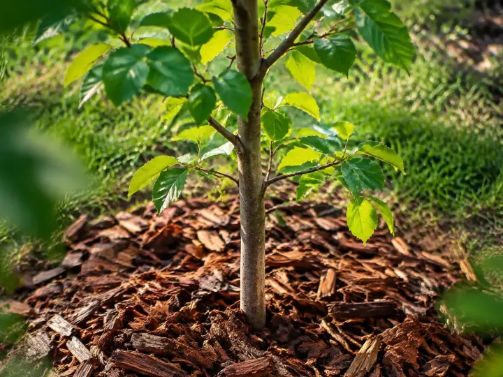Jeune arbre couvert de paillis au pied du tronc