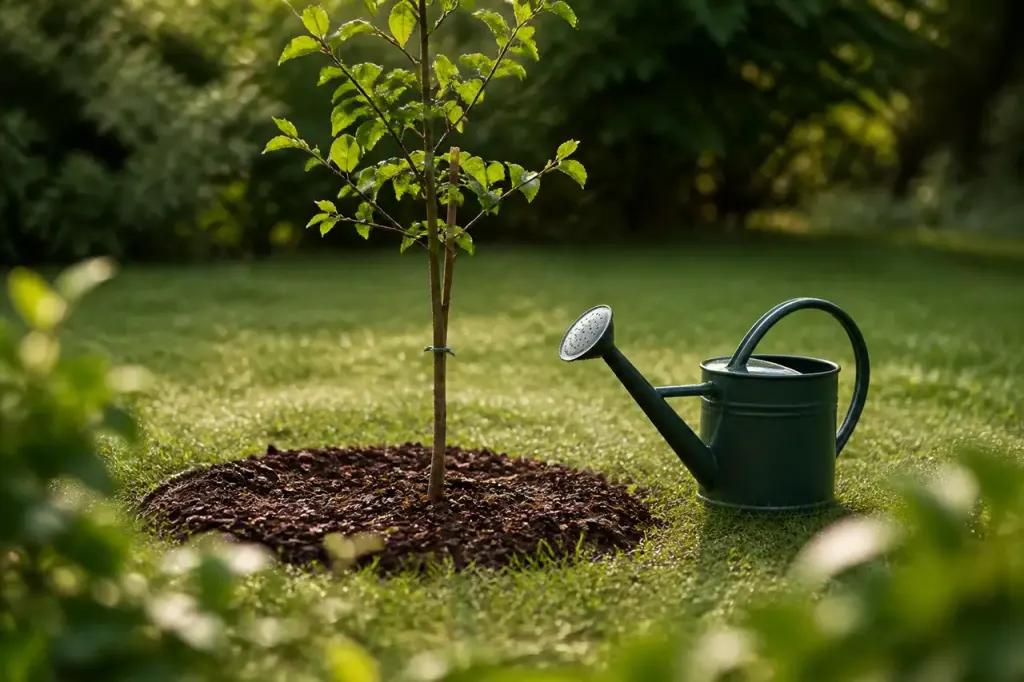 Jeune arbre fragile, cercle de paillis brun, arrosoir