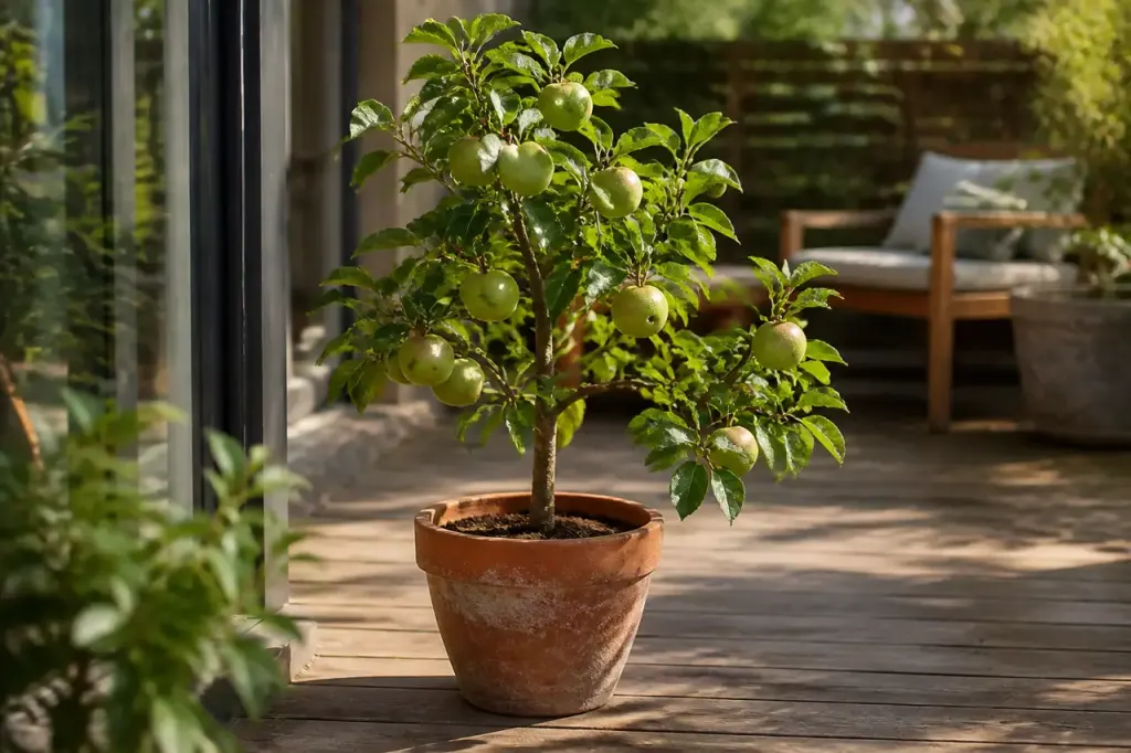 Jeune arbre fruitier en pot sur terrasse en bois