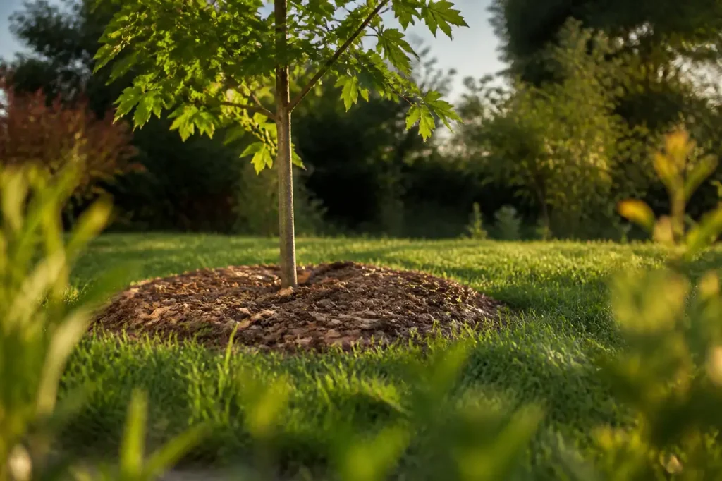 Jeune arbre au pied couvert de paillage brun