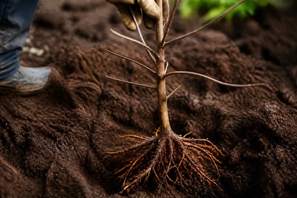 Jeune arbre a racines nues au sol brun humide